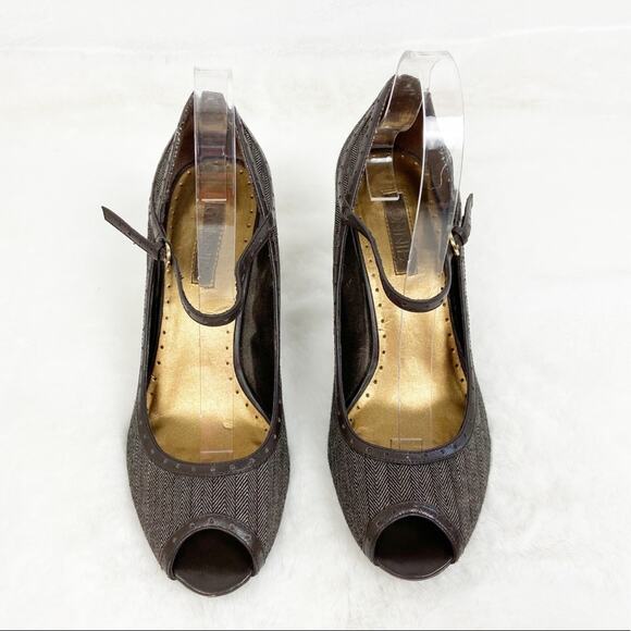 Vintage Connie Womens Heels Fabric Leather Materialistic Peep Toe Brown 8.5M - Picture 3 of 9